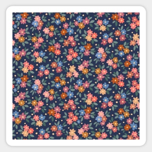 AFP22-02-ai Daisy field with leaves and polka dots oranges and blues on navy-blue -02 Sticker